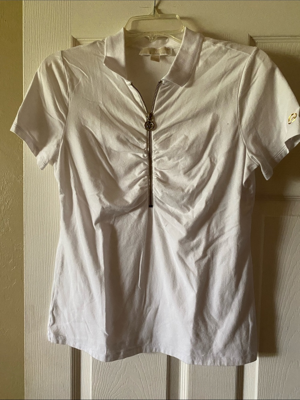Michael Kors White Short-Sleeve Polo Zip Top with Ruched Front